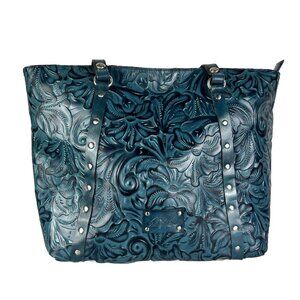 PATRICIA NASH TREVISO Blue Indigo TOOLED LEATHER TOTE SHOPPER PURSE
